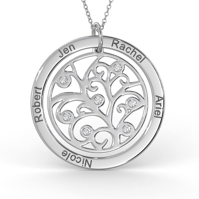 Family Tree Necklace with Diamonds in 10K White Gold  - 1