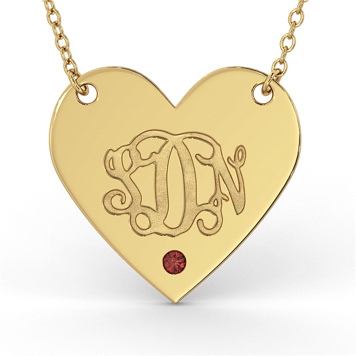 Monogram Heart Necklace with Birthstone in 18K Yellow Gold Plated - 1