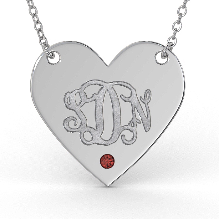 Monogram Heart Necklace with Birthstone in 14K White Gold - 1