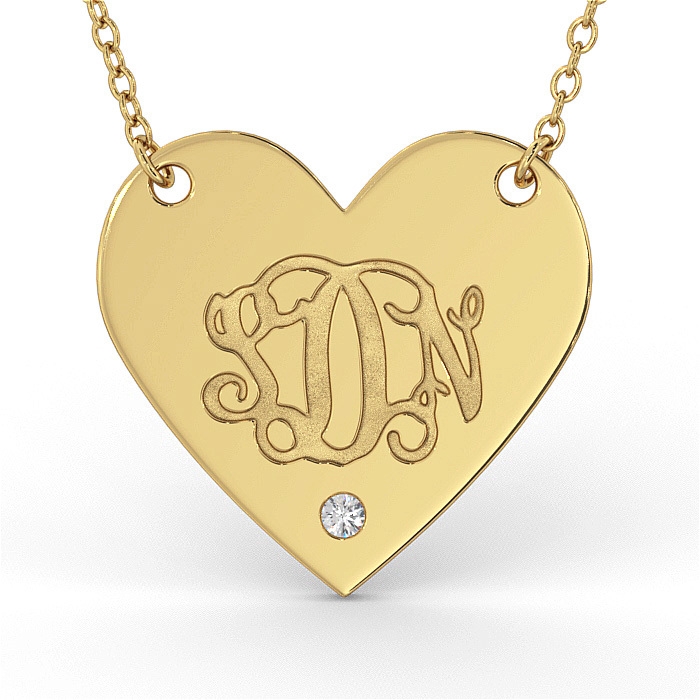 Monogram Heart Necklace with Diamond in 14K Yellow Gold - 1