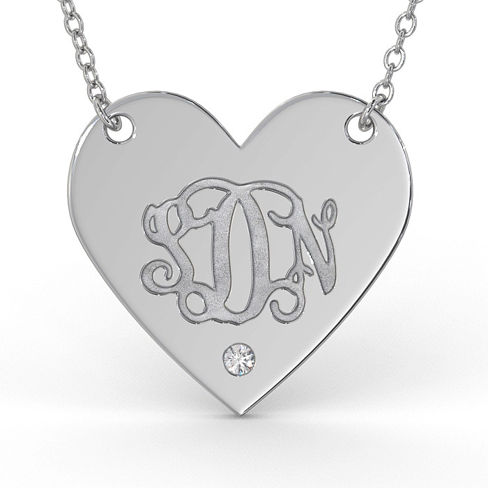 Monogram Heart Necklace with Diamond in 10K White Gold  - 1