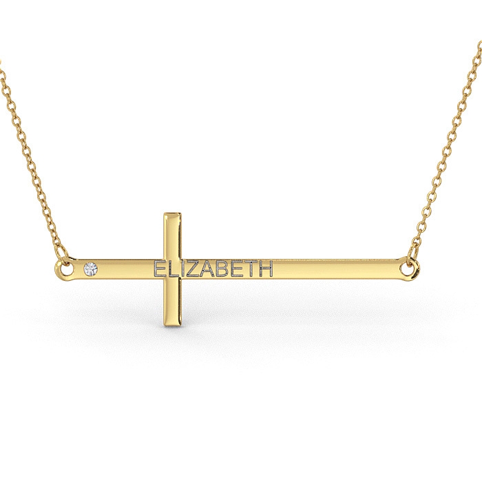Cross Necklace with Name and Diamond in 14K Yellow Gold  - 1