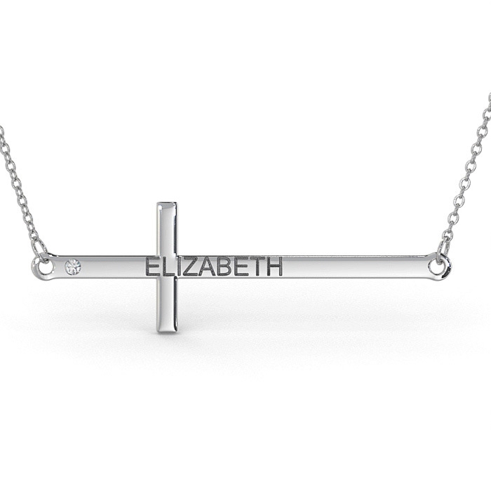 Cross Necklace with Name and Diamond in 14K White Gold  - 1