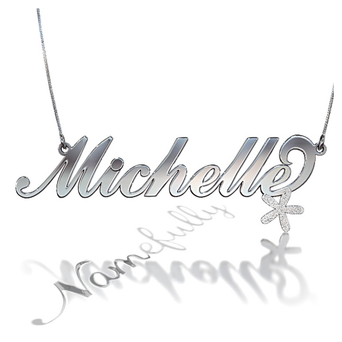 Carrie-Style Name Necklace with Sparkling Flower in 10k White Gold - "Michelle" - 1