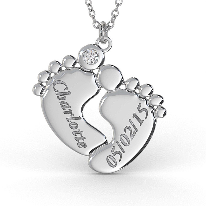 Personalized Baby Feet Name Necklace with Diamond in Sterling Silver - 1