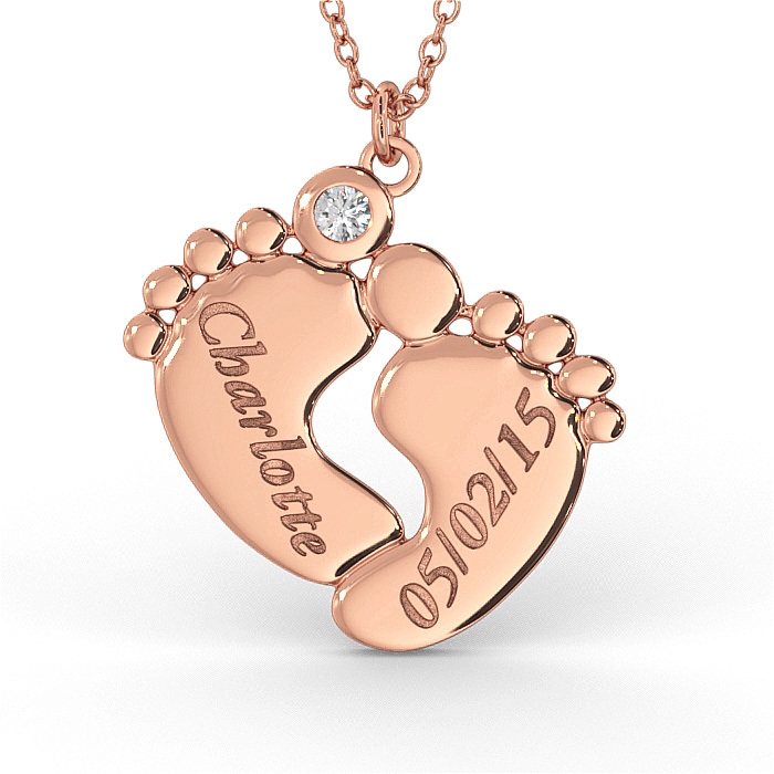 Personalized Baby Feet Name Necklace with Diamond in 10K Rose Gold  - 1