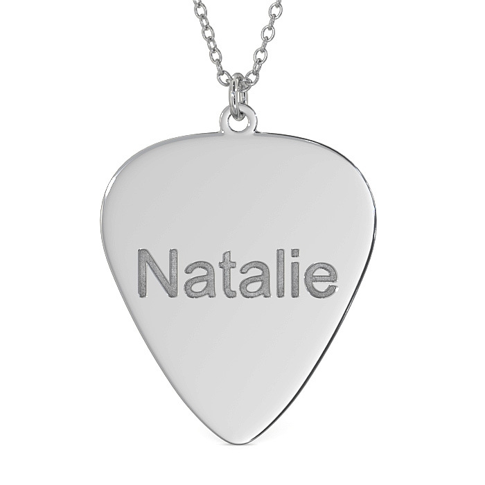 Guitar Pick Necklace with Name in 10k White Gold - 1