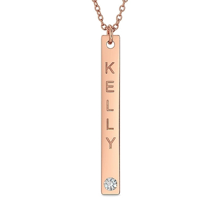 Vertical Bar Necklace with Diamond in 18k Rose Gold-Plating - 1