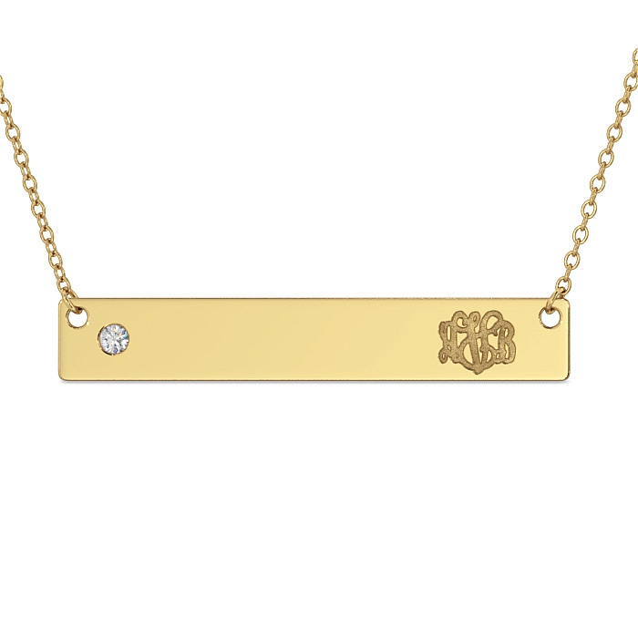 Monogram Bar Necklace with Diamond and Initials in 14k Yellow Gold - 1