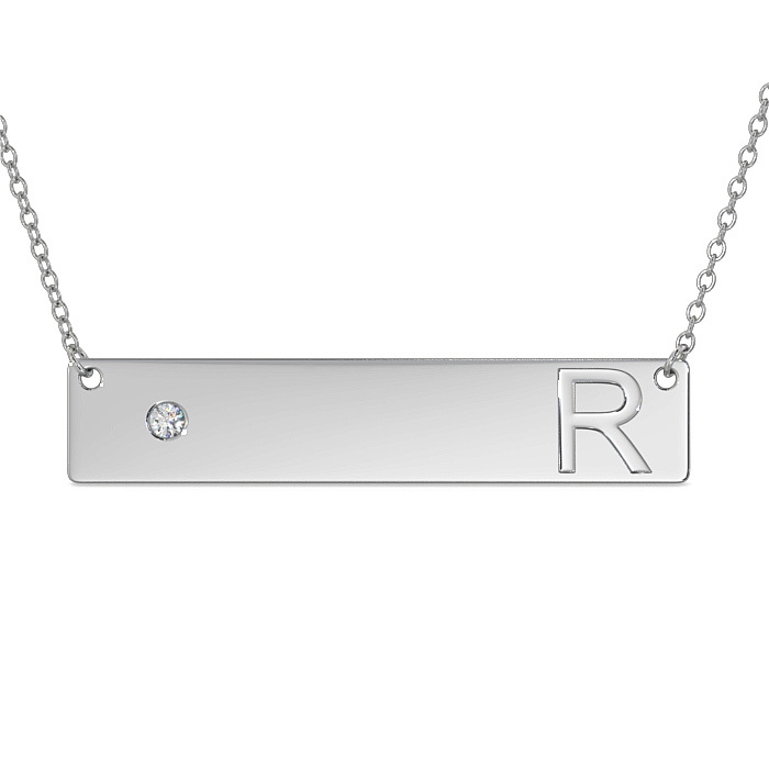 Horizontal Bar Necklace with Initials and Diamond in 10k White Gold - 1