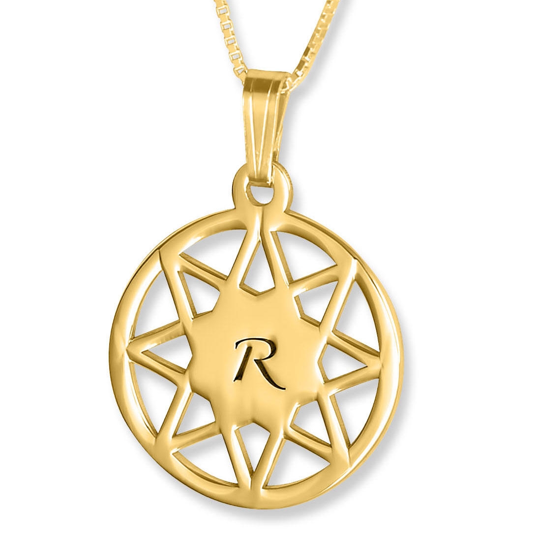 8 Point Star Engraved Initial Pendant, 24k Gold Plated - 1