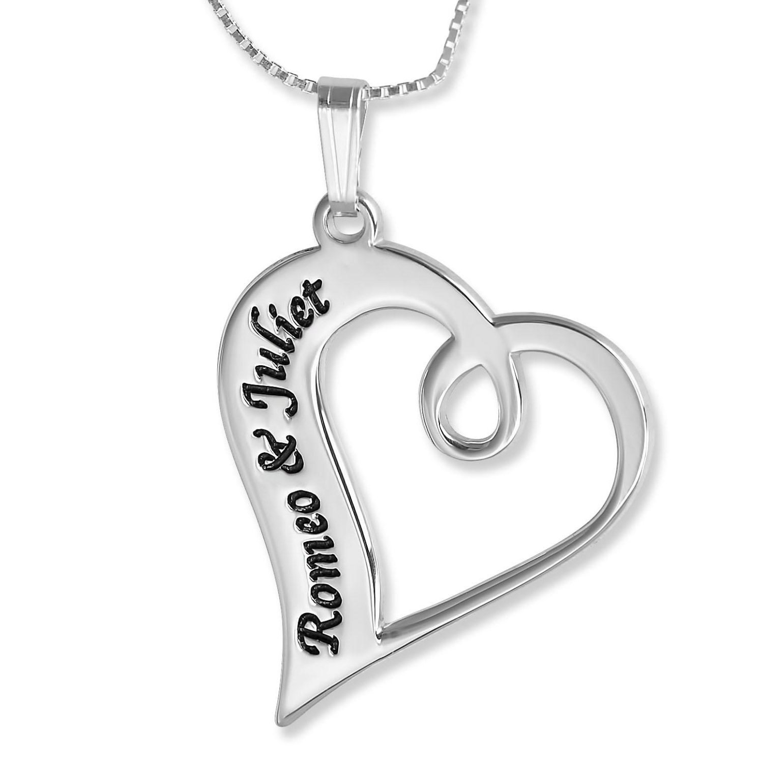 Couples Name Necklace, Twisted Heart Romantic Pendant, Sterling Silver - 1