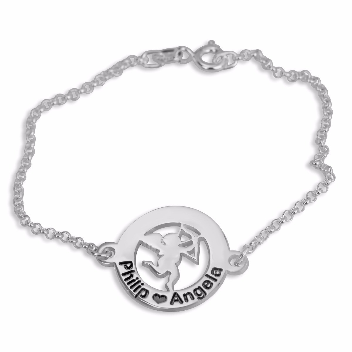 Double Thickness Sterling Silver Cupid Personalized Couples Name Bracelet - 1