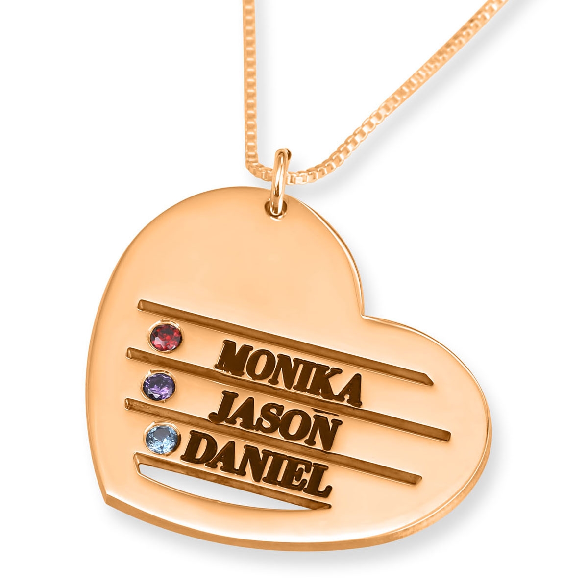 24k Rose Gold Plated Mom’s Heart Four Name Necklace with Birthstones   - 1
