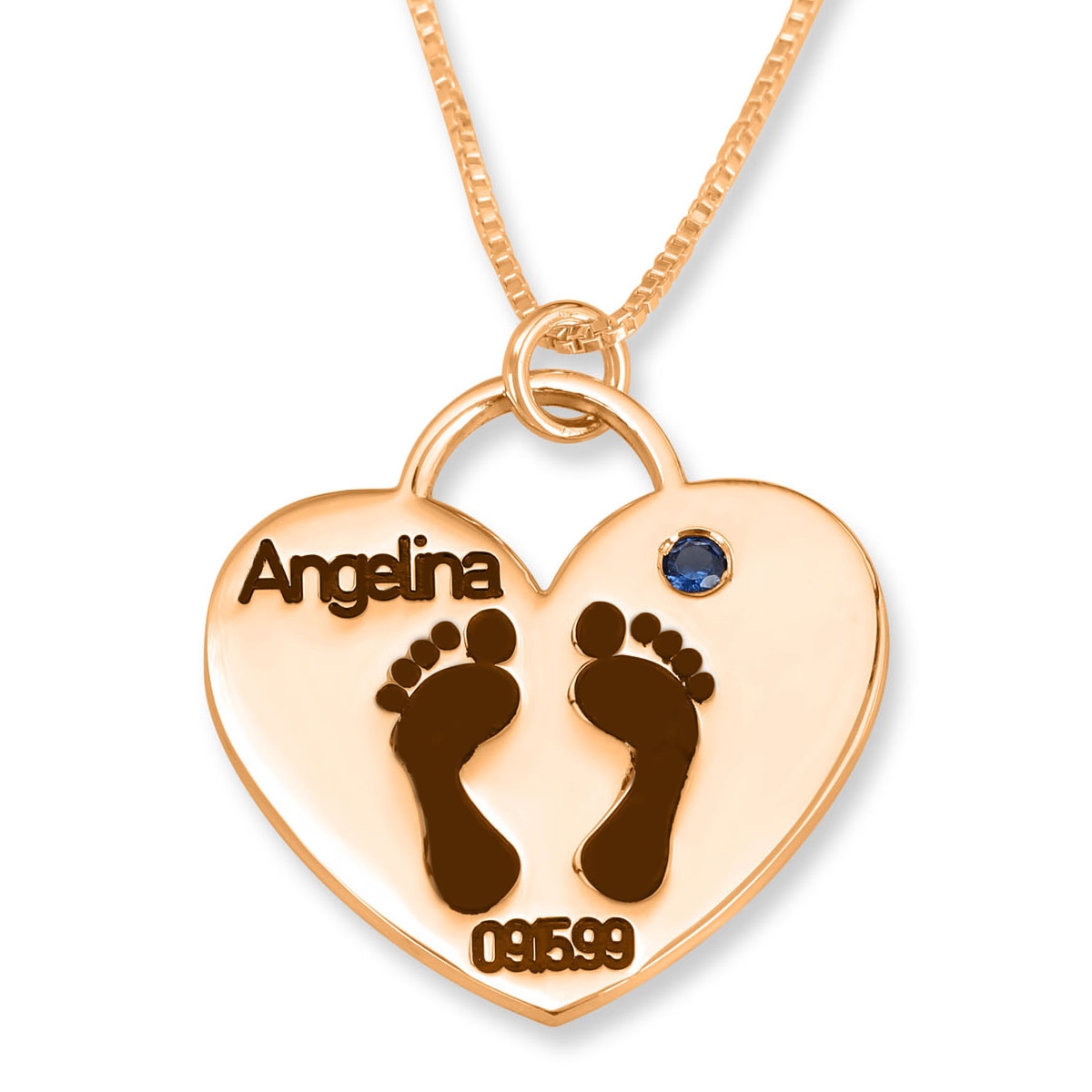 24k Rose Gold Plated Double Thickness Baby Footprints Mom Heart Name Necklace with Date & Birthstone - 1