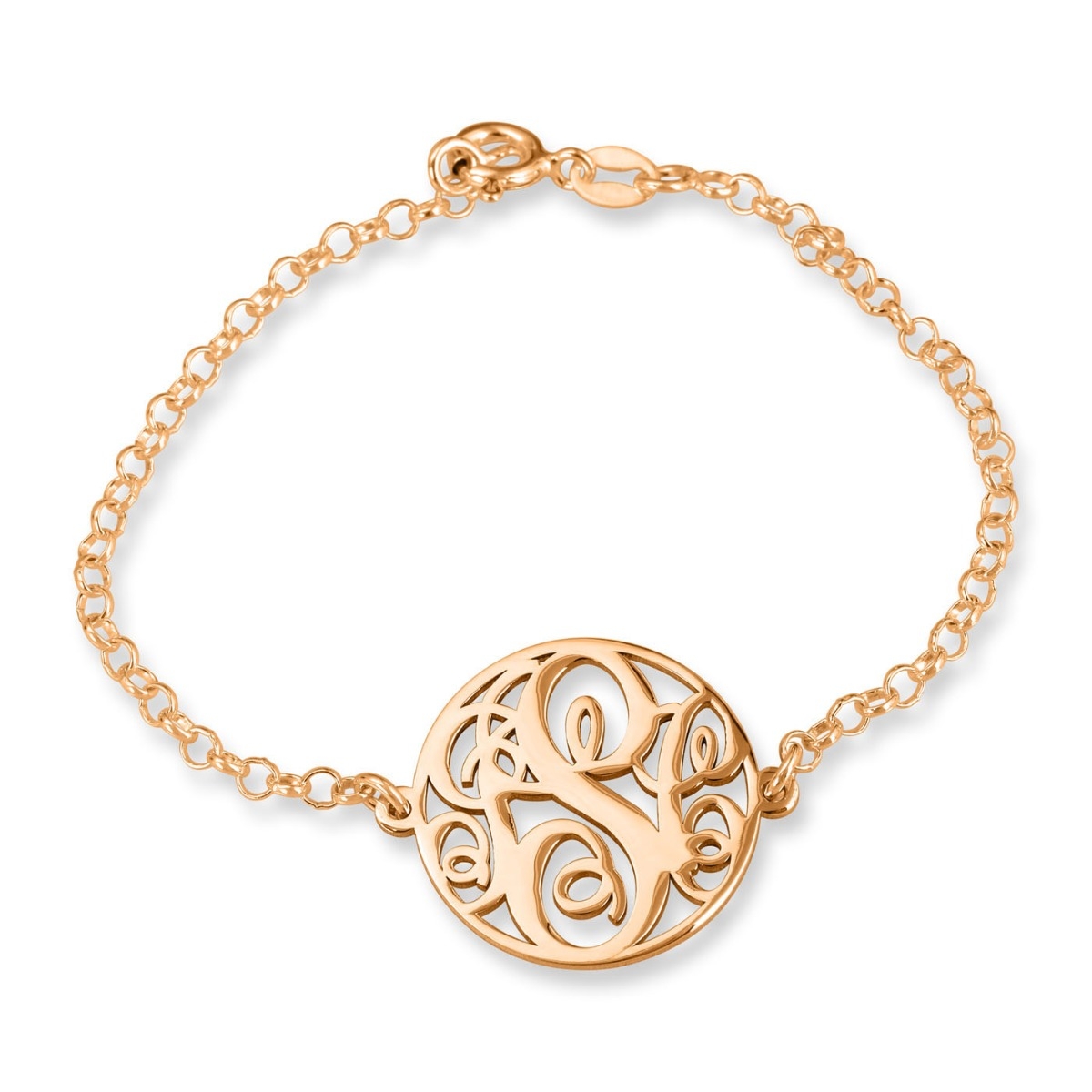 24K Rose Gold Plated Cursive Font Circle Monogram Triple Initial Personalized Bracelet - 1