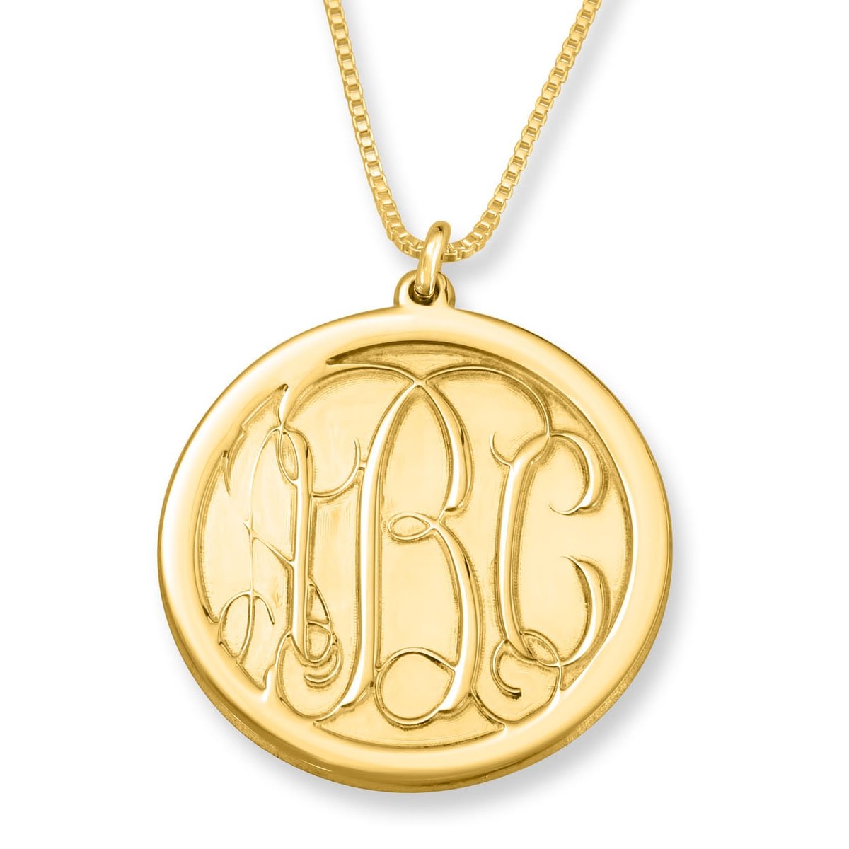 24k Gold Plated Silver Engraved Monogram Circle Necklace-Script Font - 1