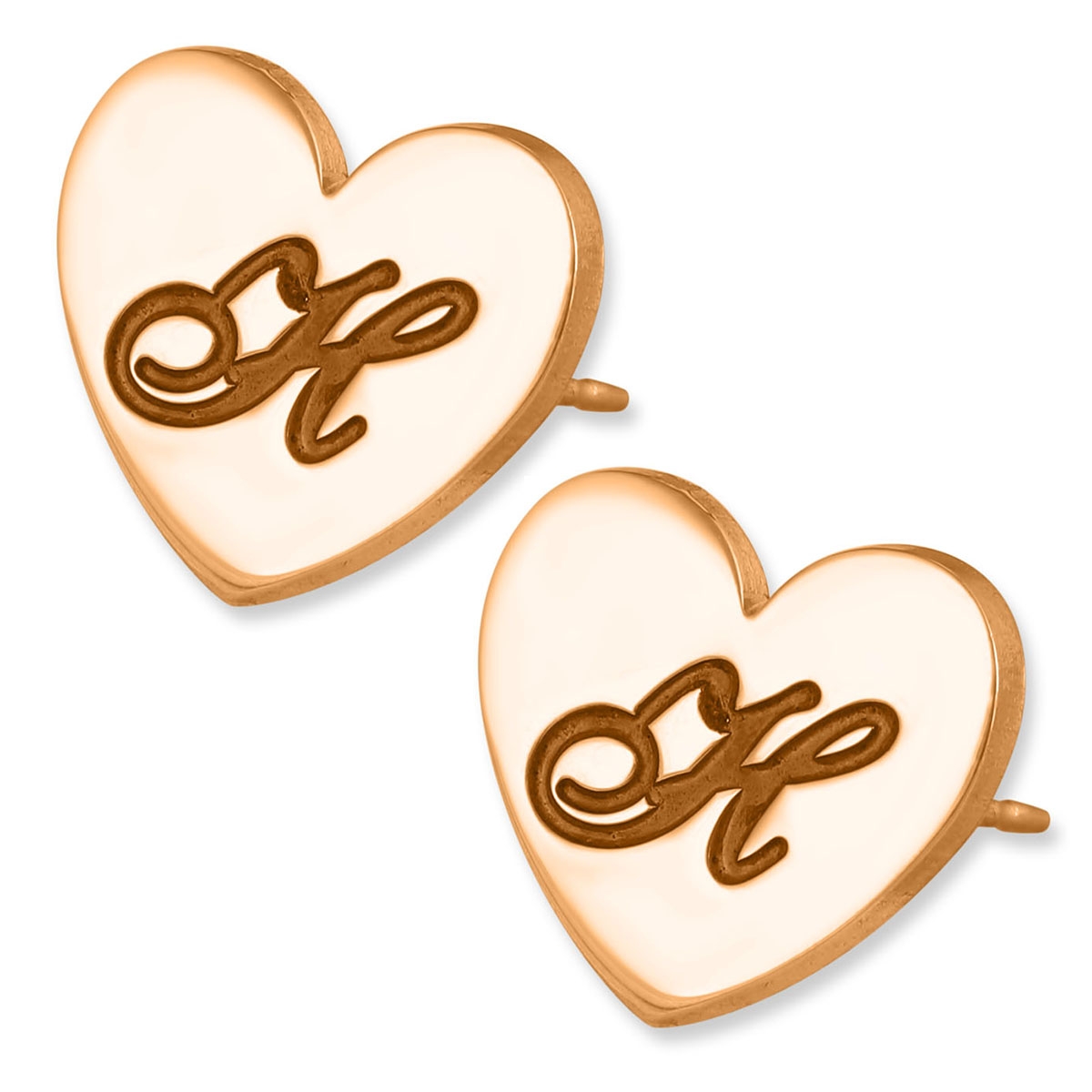 24k Rose Gold Plated Silver Initials Heart Personalized Stud Earrings-Cursive Font - 1