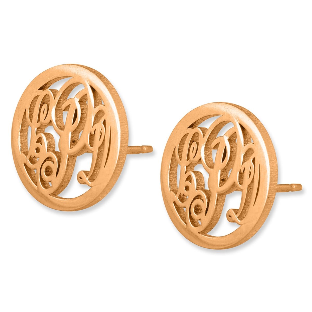 24k Rose Gold Plated Silver Circular Monogram Personalized Stud Earrings-Cursive Font - 1