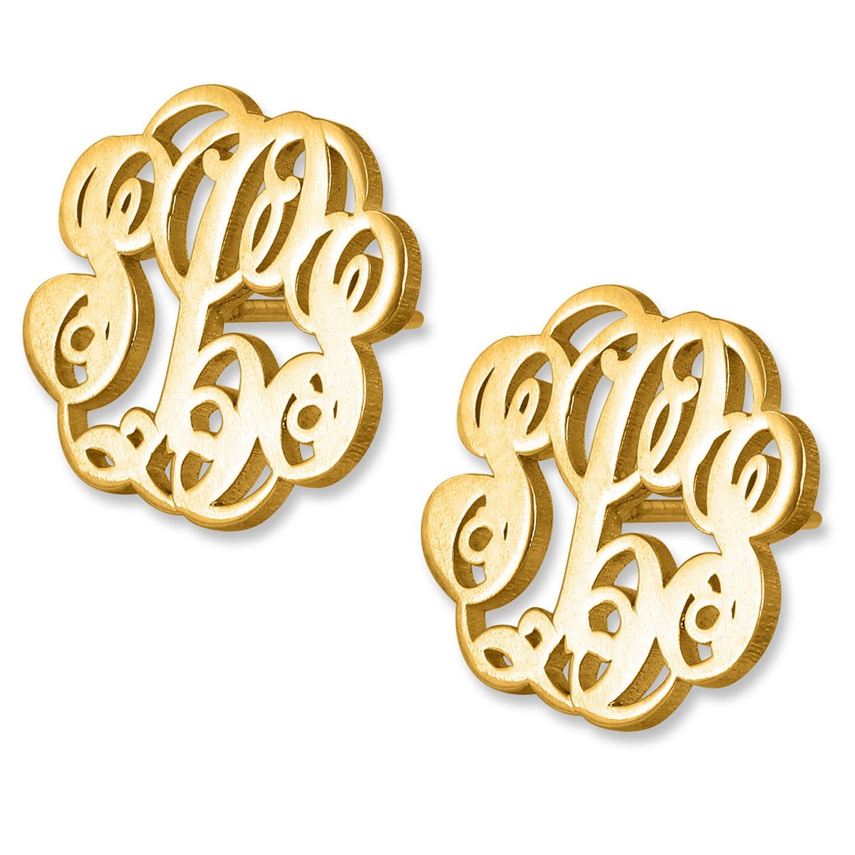 24k Gold Plated Silver Monogram Triple Initial Personalized Stud Earrings-Cursive Font - 1