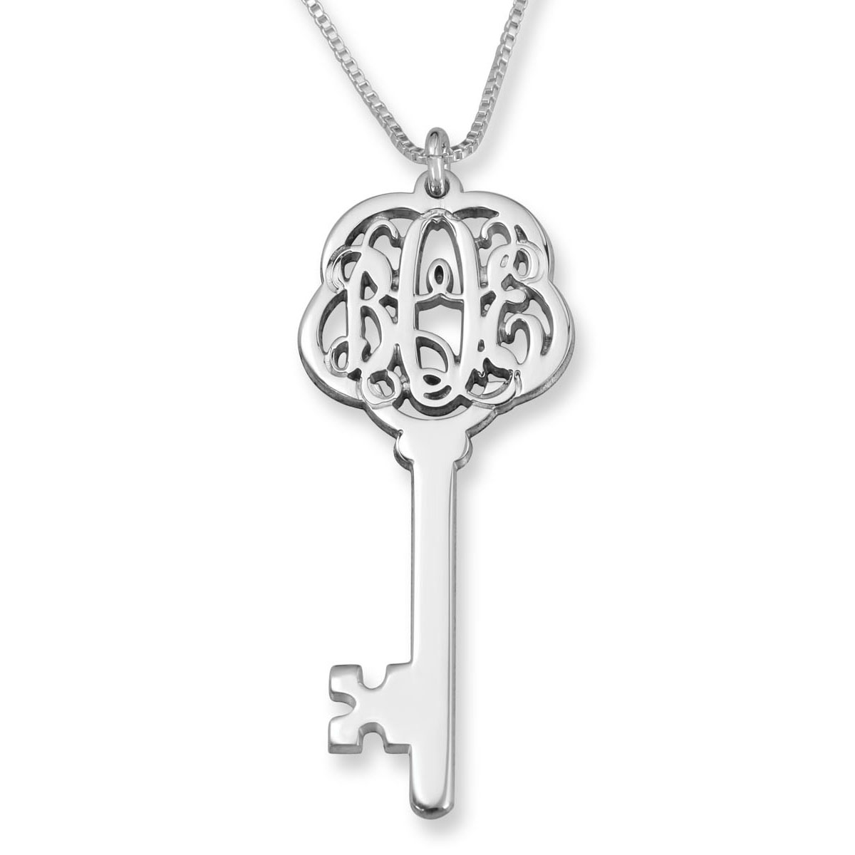 Sterling Silver Triple Initial Monogram Key Necklace-Script Font  - 1