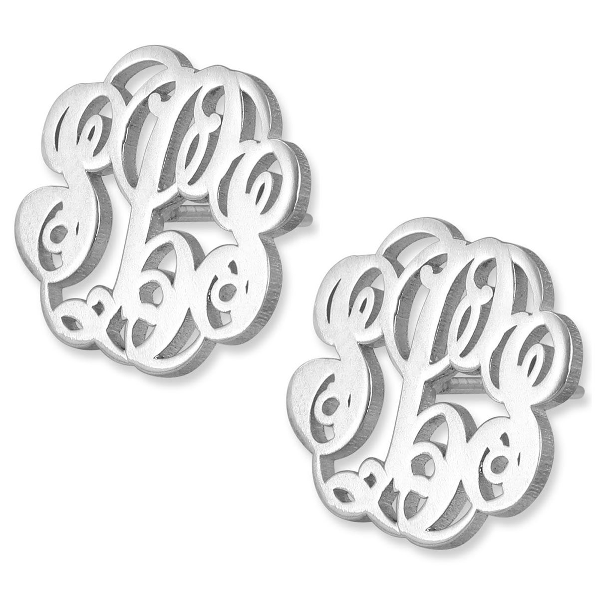 Sterling Silver Monogram Triple Initial Personalized Stud Earrings-Cursive Font - 1